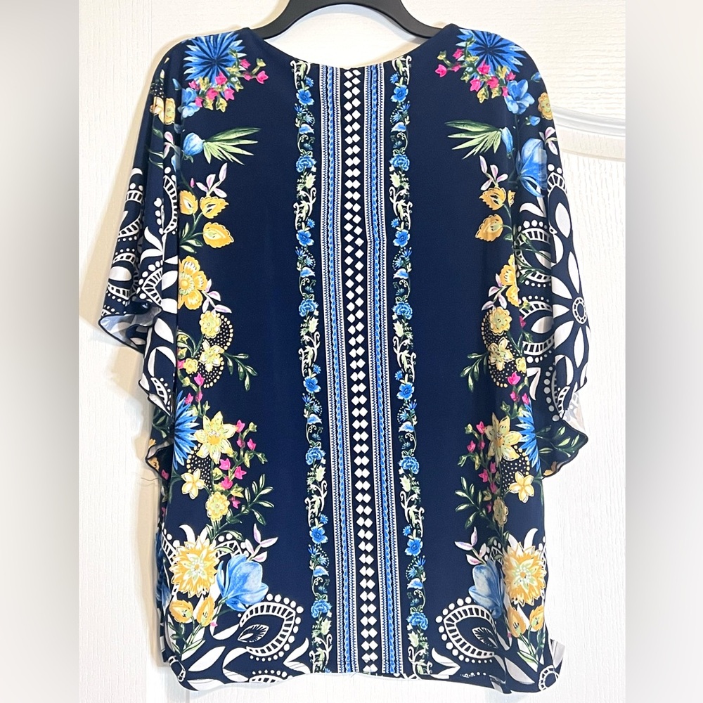 Jm Collection Navy Mixed Print Flutter Short Slee… - image 4